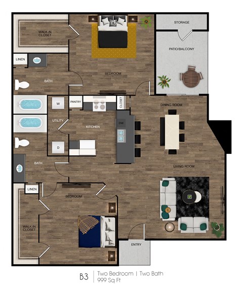 A floor plan of a B3 apartment with two bedrooms and two bathrooms.